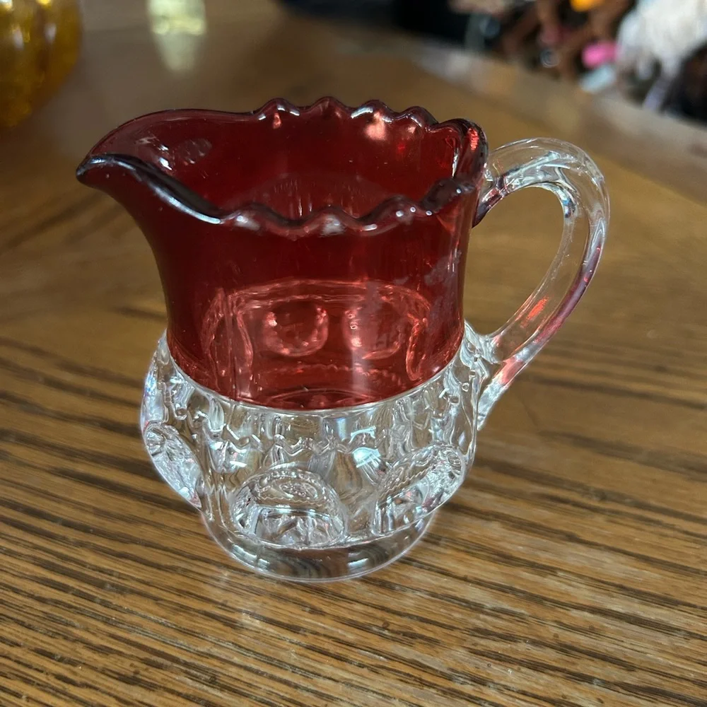 Antique Ruby Thumbprint Kings Crown Footed  Creamer
